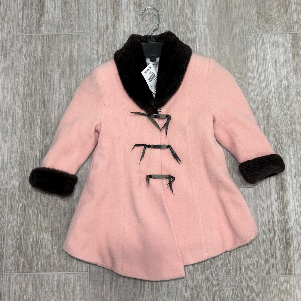 Kids Pink Caining Faux fur trim coat with brown trip